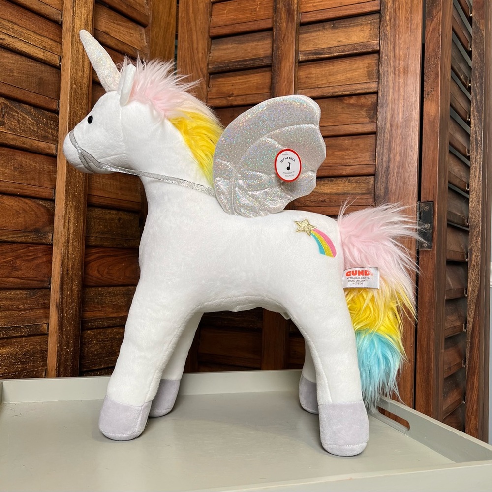 🦄 17” GUND light up-Sound Unicorn Plush with Rainbow Mane, Pink & Silver Wings